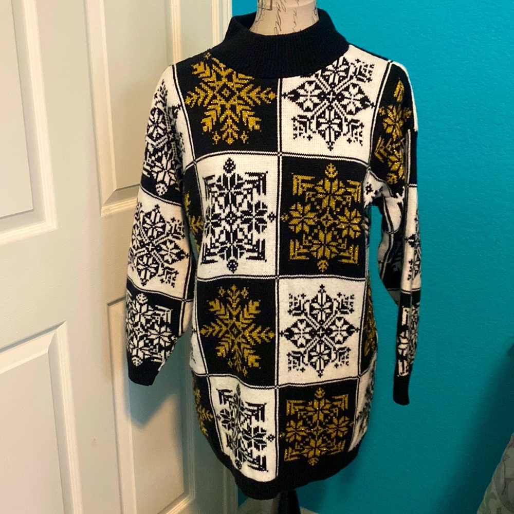 Trimmings Gold White Black Snowflake Holiday Christmas Sweater